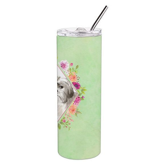 Shih Tzu Puppy Green Flowers Stainless Steel 20 oz Skinny Tumbler